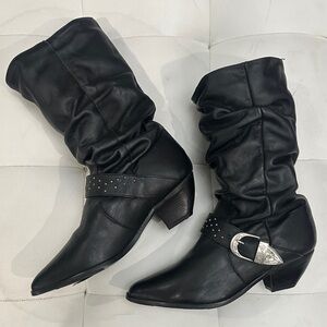 BlackWomen’s Leather Western Cowboy Slouch Boots with Silver Buckle